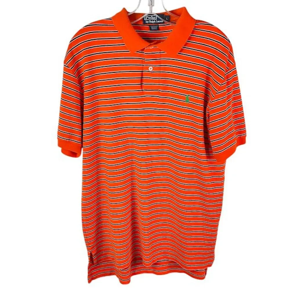 Polo Ralph Lauren Preppy Striped Polo Shirt Mens L Orange Blue Cotton Golf